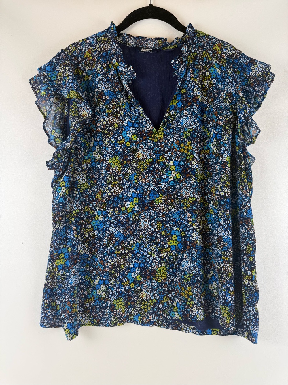 Lands' End Floral Ruffle V-Neck Blouse Size L